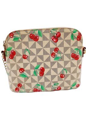 Shoulder Bag With Cherry Pattern Brown Red Purse